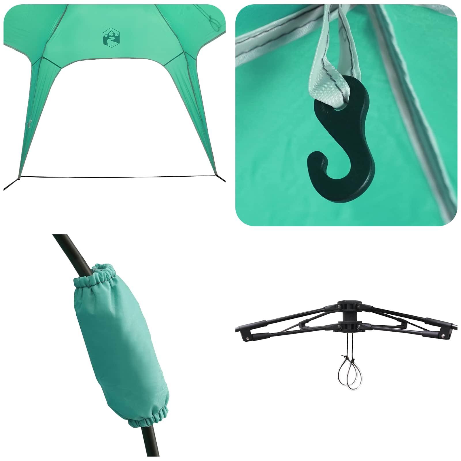 Detail van de quick-release haak en bevestigingspunten van de vidaXL Instant Tent in zeegroen.