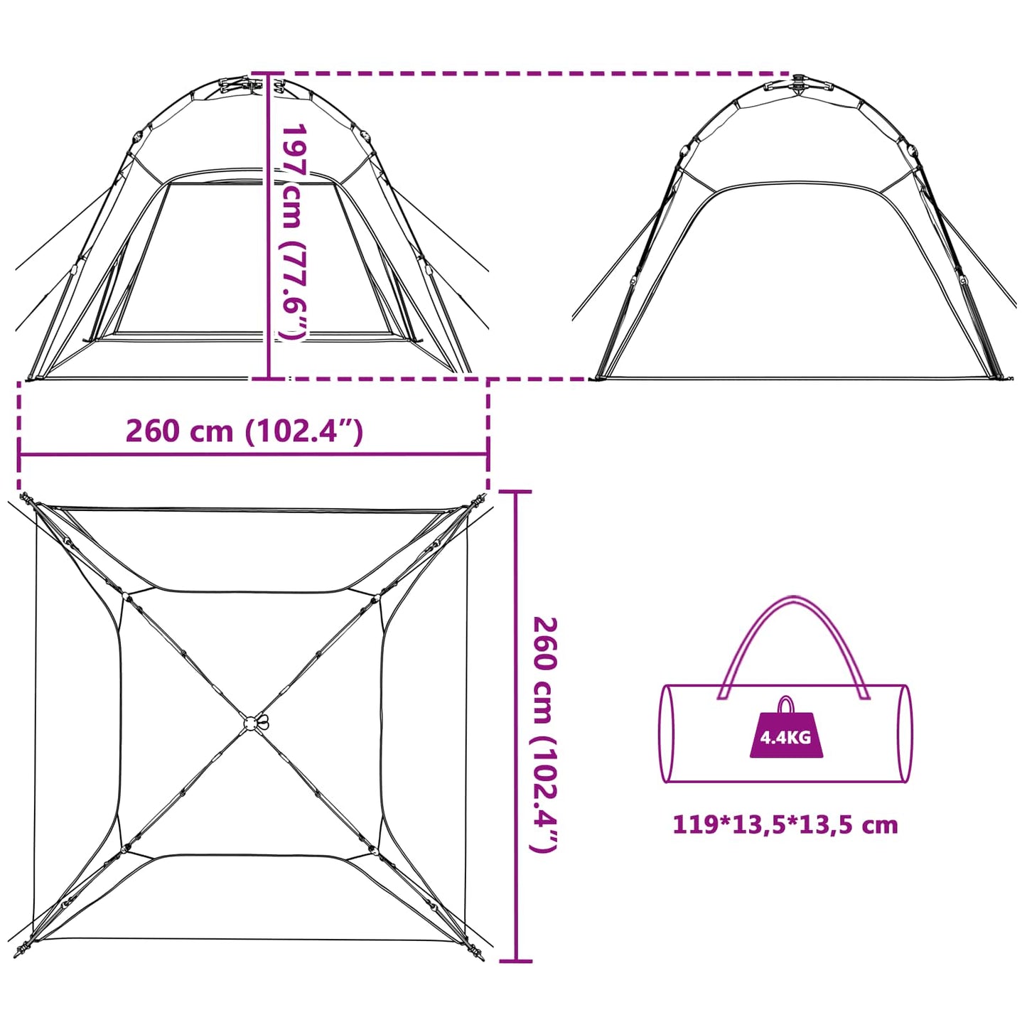 Detailweergave van de vidaXL Instant Tent met afmetingen en draagtas voor eenvoudig transport.