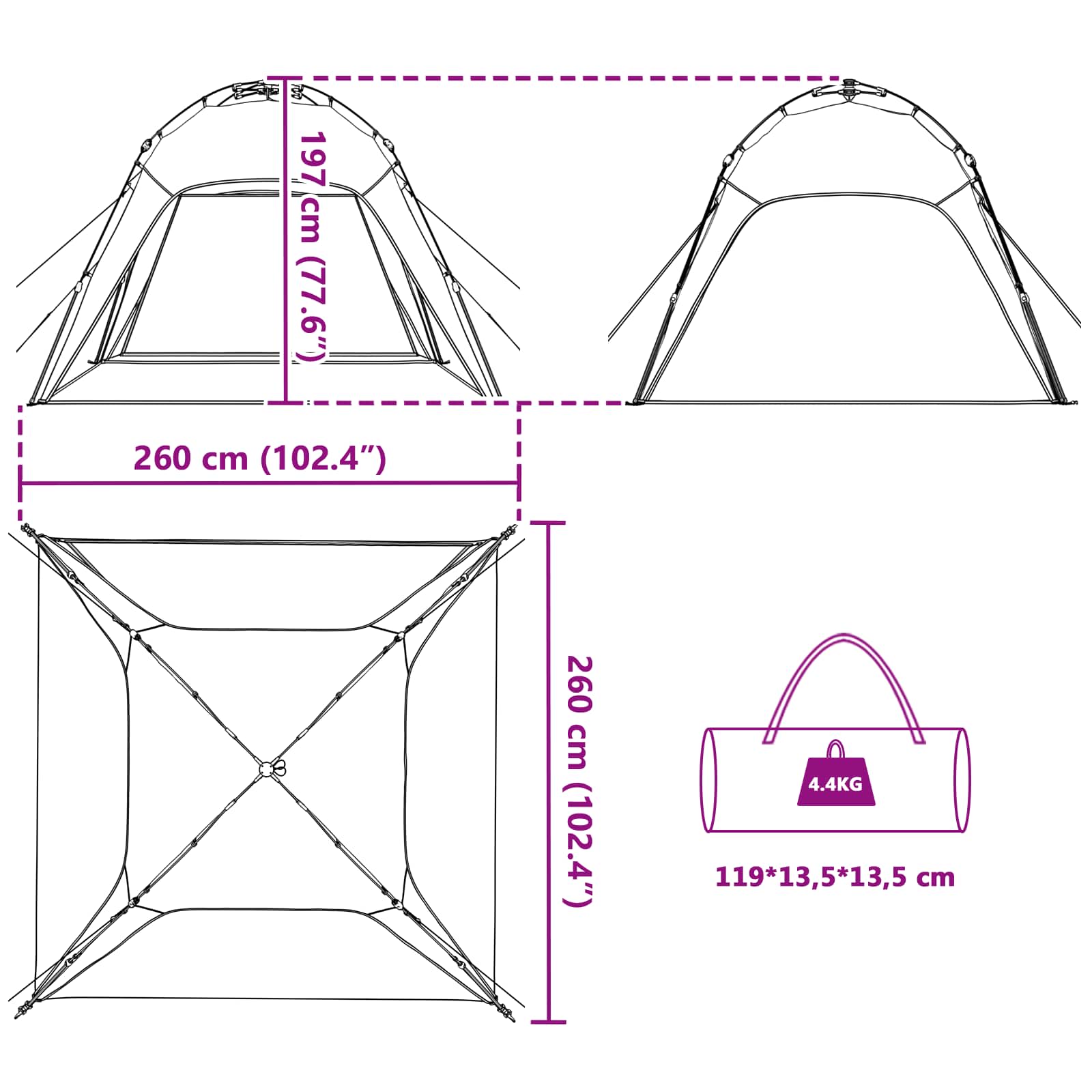 Detailweergave van de vidaXL Instant Tent met afmetingen en draagtas voor eenvoudig transport.