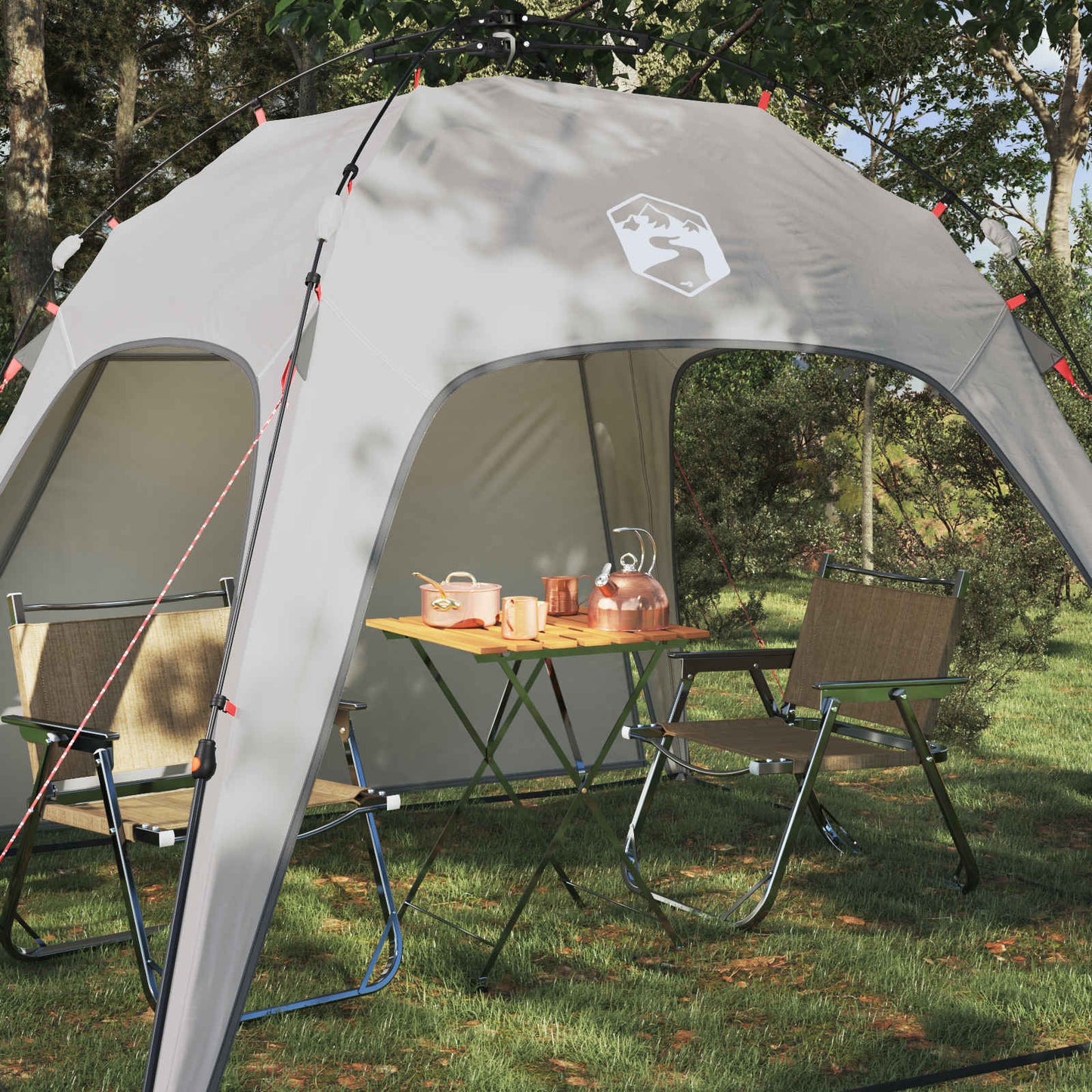 Detail van de vidaXL Instant Tent met zithoek en tafel, grijze kleur in natuurlijke omgeving.