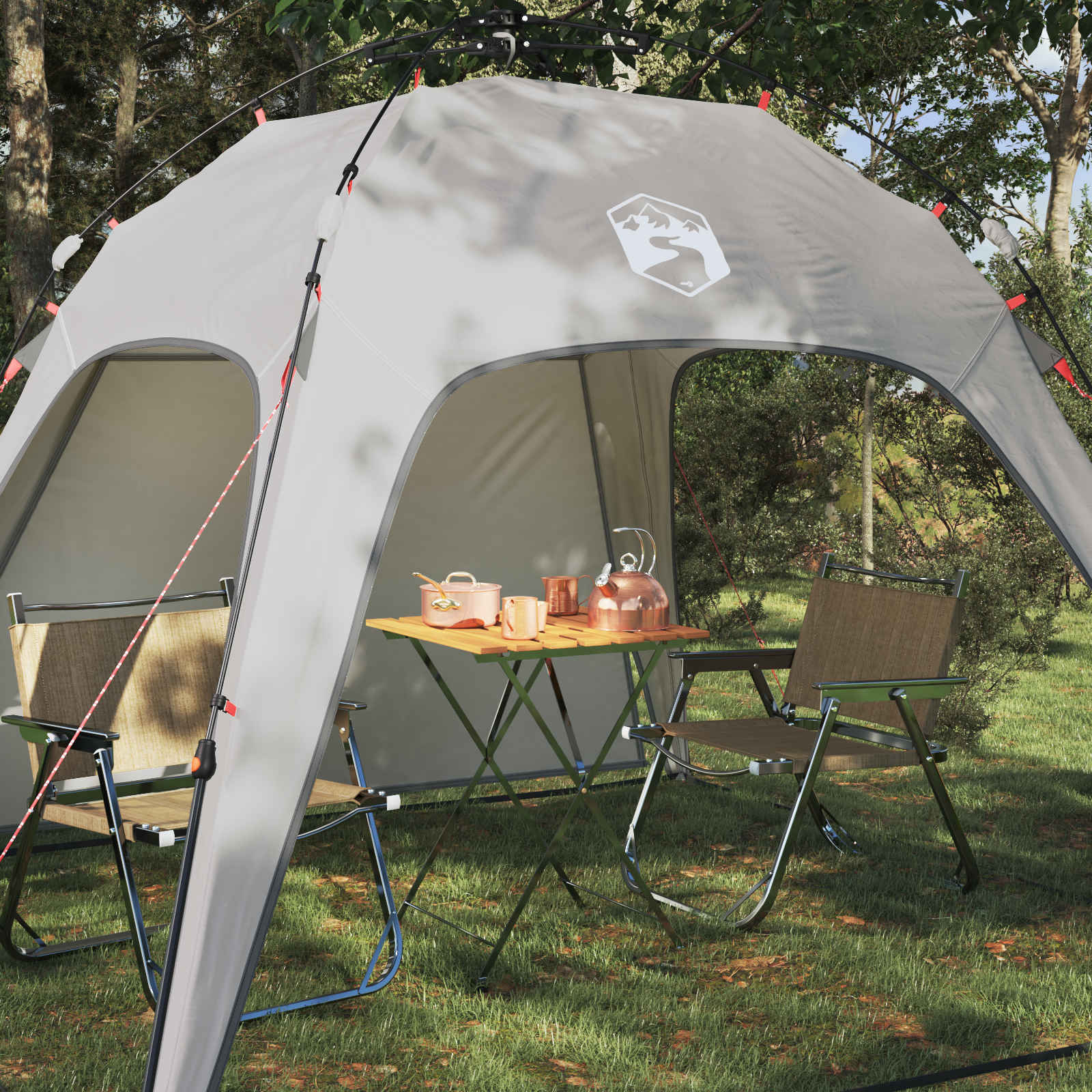 Detail van de vidaXL Instant Tent met zithoek en tafel, grijze kleur in natuurlijke omgeving.