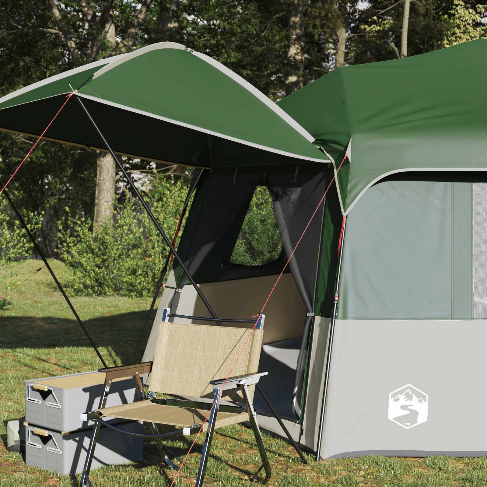 Detail van de vidaXL Instant tent met regenhuif en een campingstoel erbij.