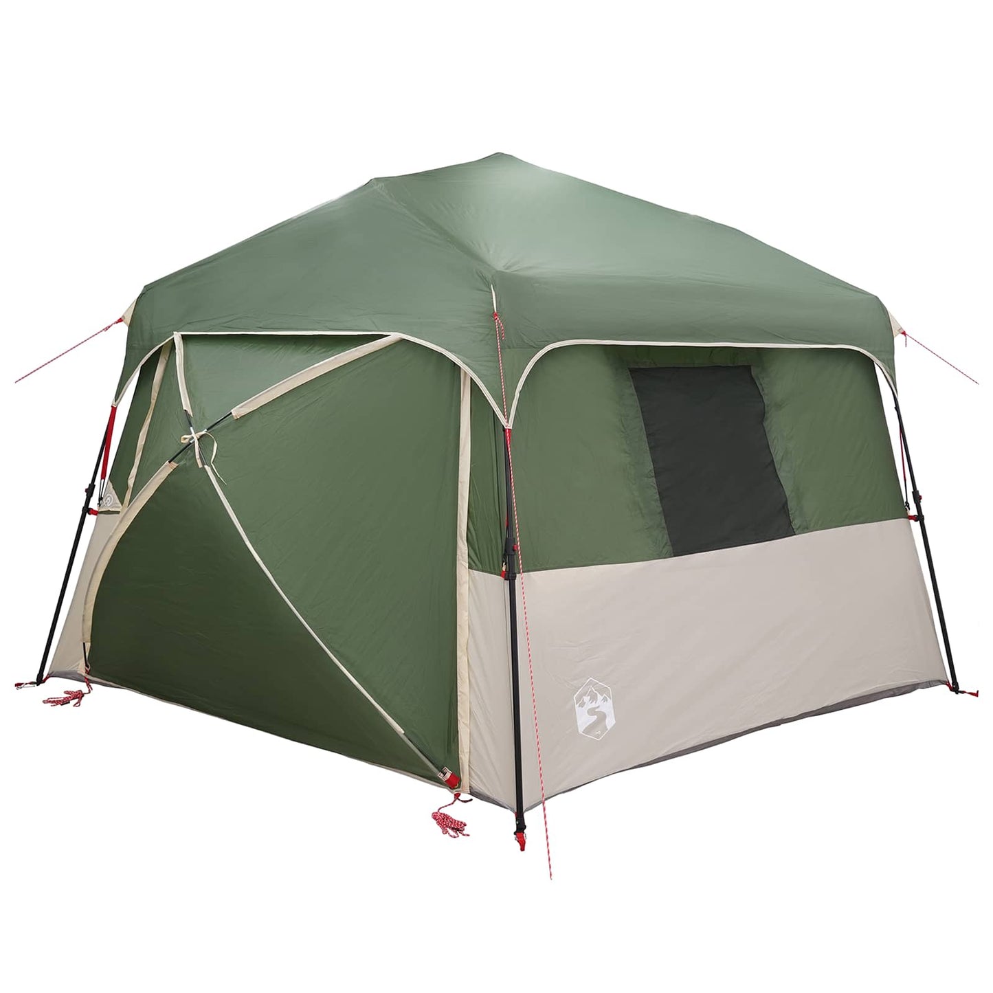 Detail van de vidaXL Instant tent in groen met regenhuif, zijaanzicht met open deur.