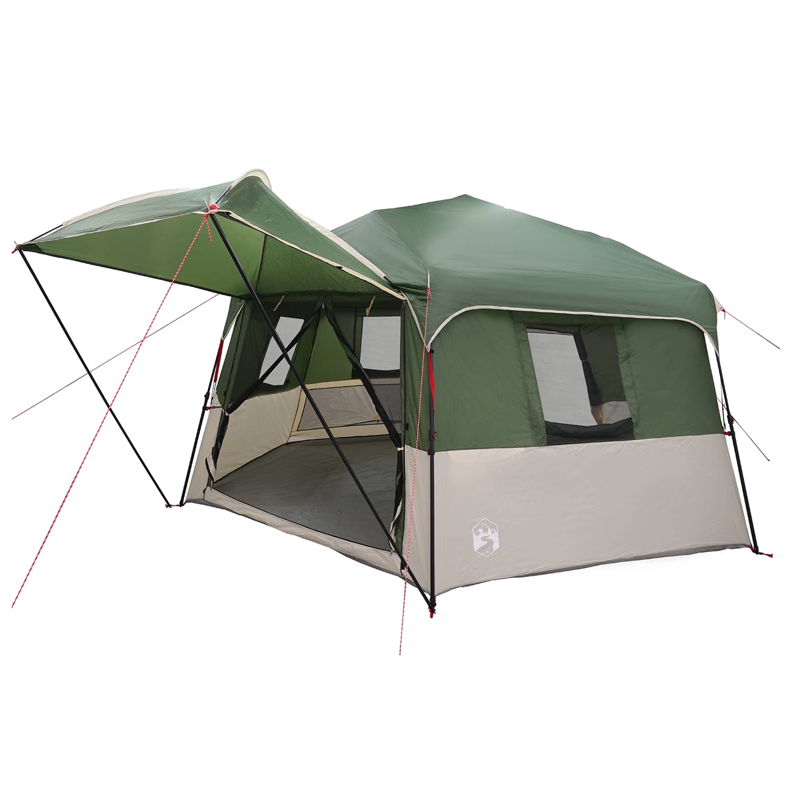 Zijaanzicht van de vidaXL Instant tent met regenhuif, in groen en grijs.