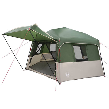 Zijaanzicht van de vidaXL Instant tent met regenhuif, in groen en grijs.
