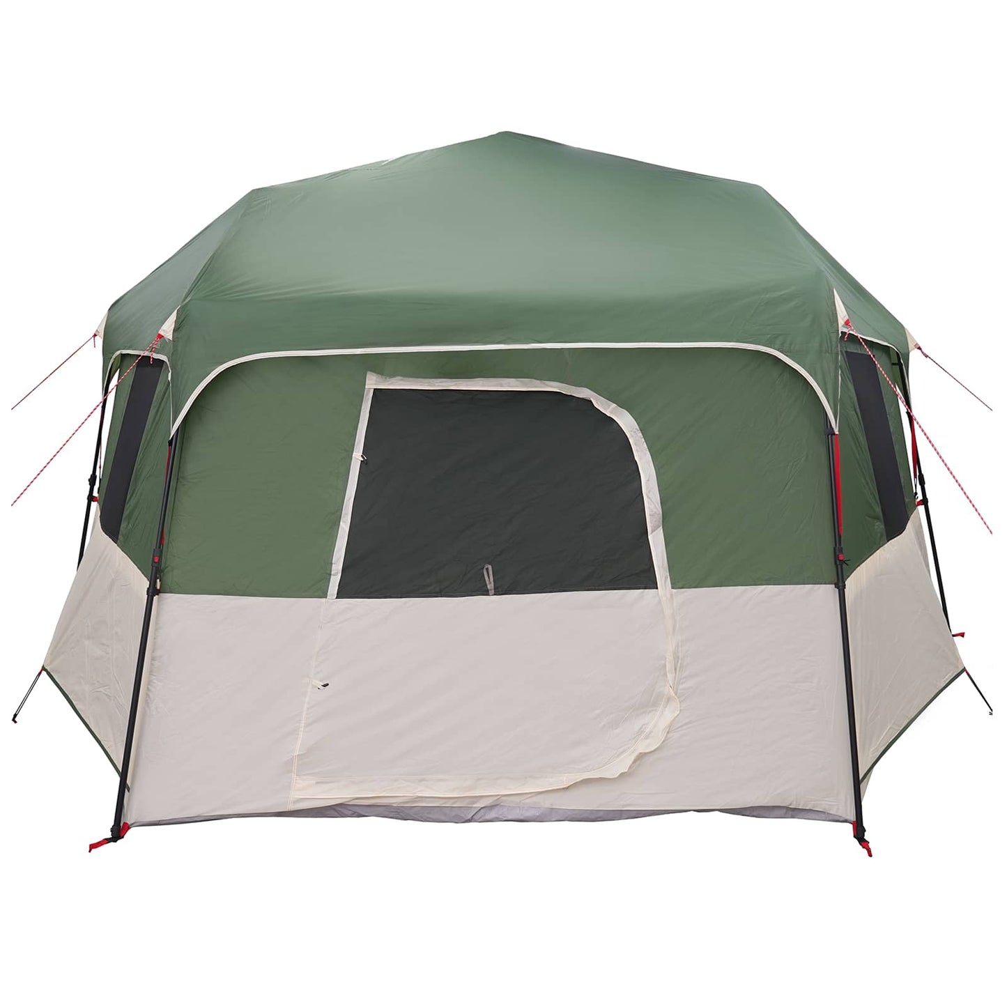 Zijaanzicht van de vidaXL Instant tent met regenhuif in groen en wit.