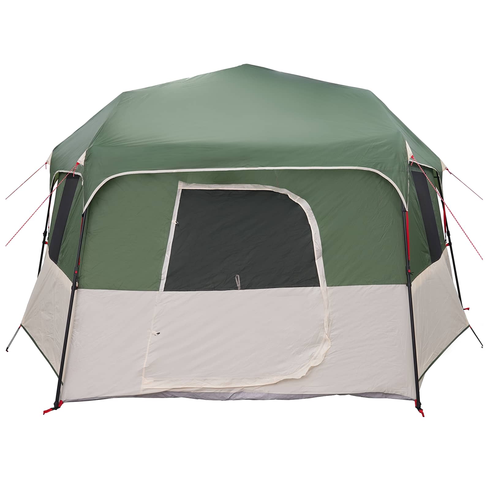 Zijaanzicht van de vidaXL Instant tent met regenhuif in groen en wit.