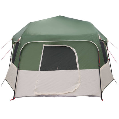 Zijaanzicht van de vidaXL Instant tent met regenhuif in groen en wit.