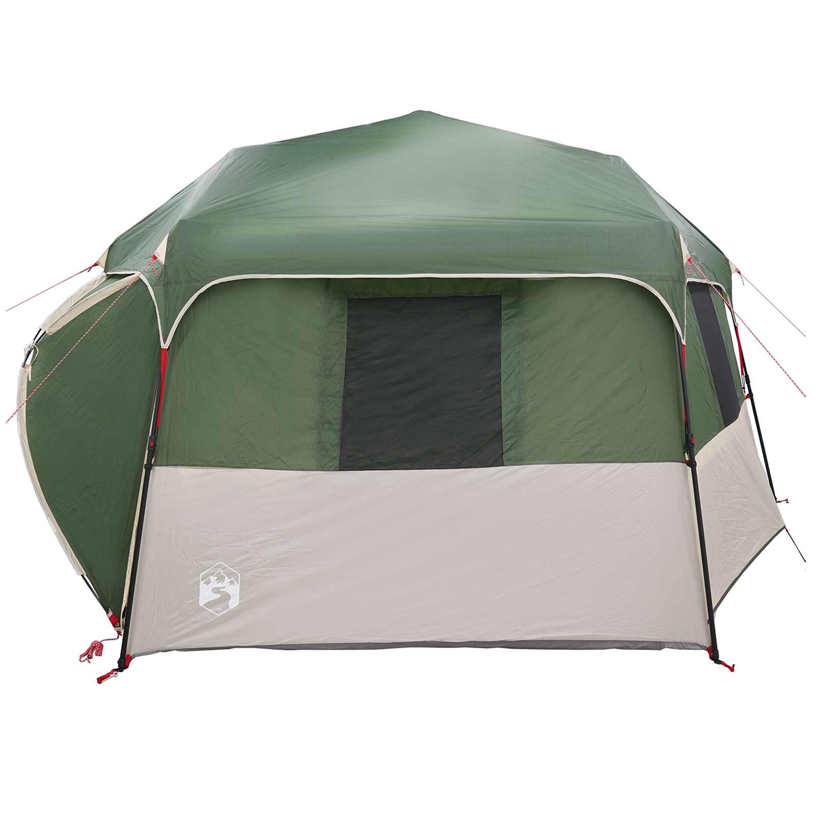 Detail van de vidaXL Instant tent met regenhuif, zijaanzicht met groene en beige kleuren.