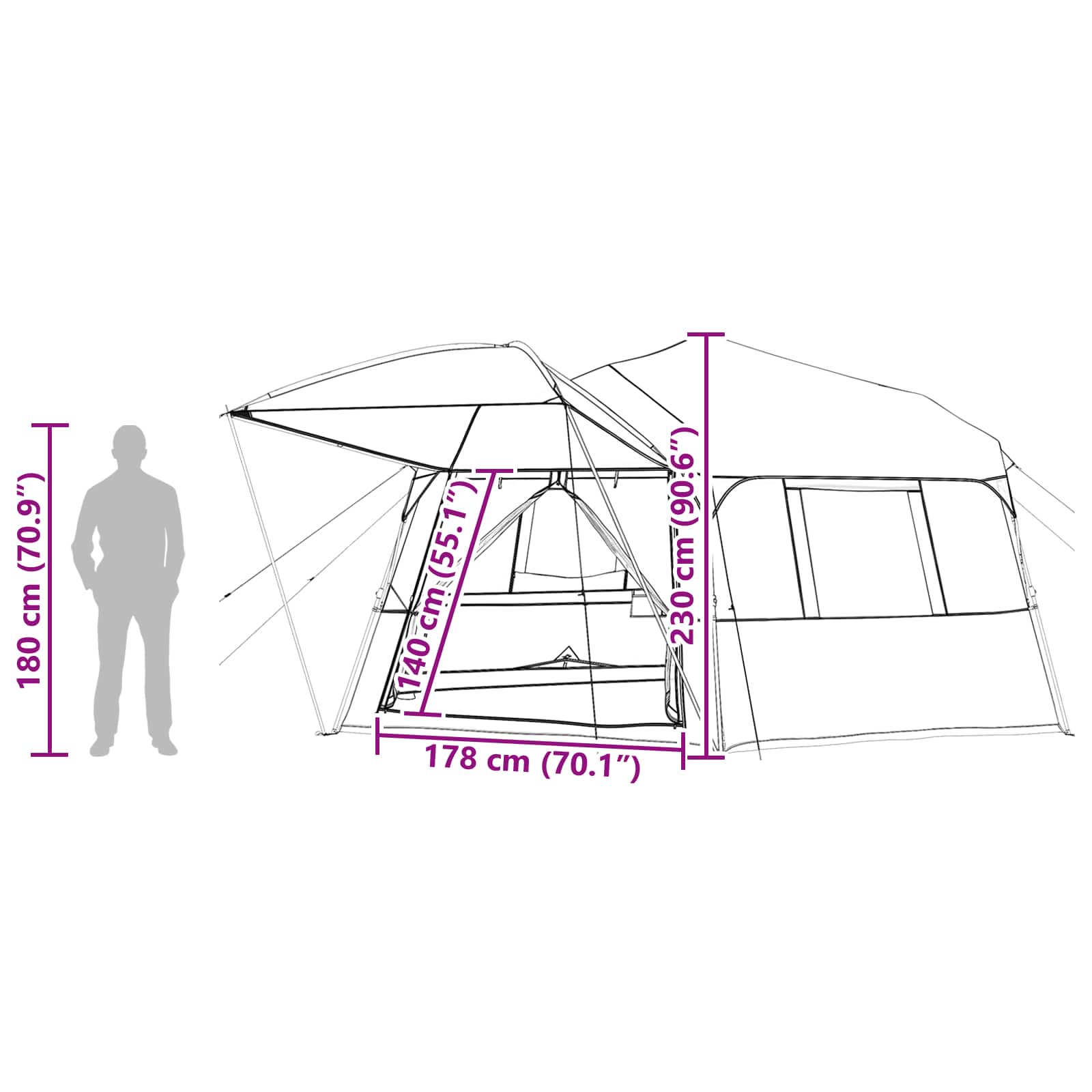 Detail van de afmetingen van de vidaXL Instant tent met regenhuif, inclusief hoogte en breedte.