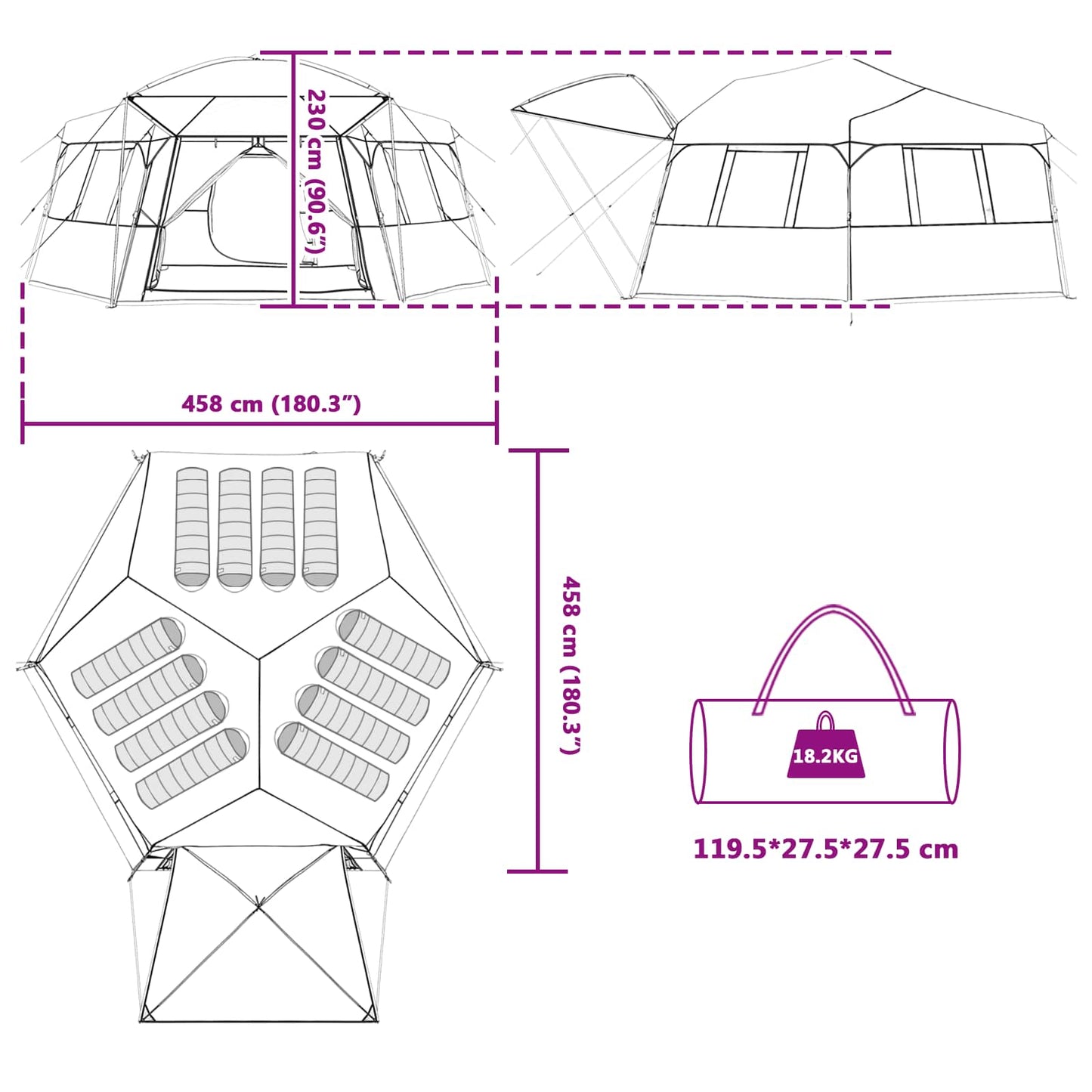 Detailweergave van de vidaXL Instant tent met afmetingen en opbergzak.