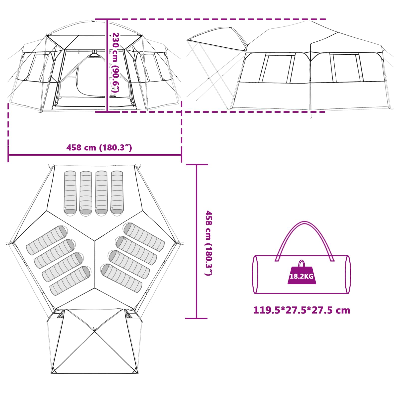 Detailweergave van de vidaXL Instant tent met afmetingen en opbergzak.