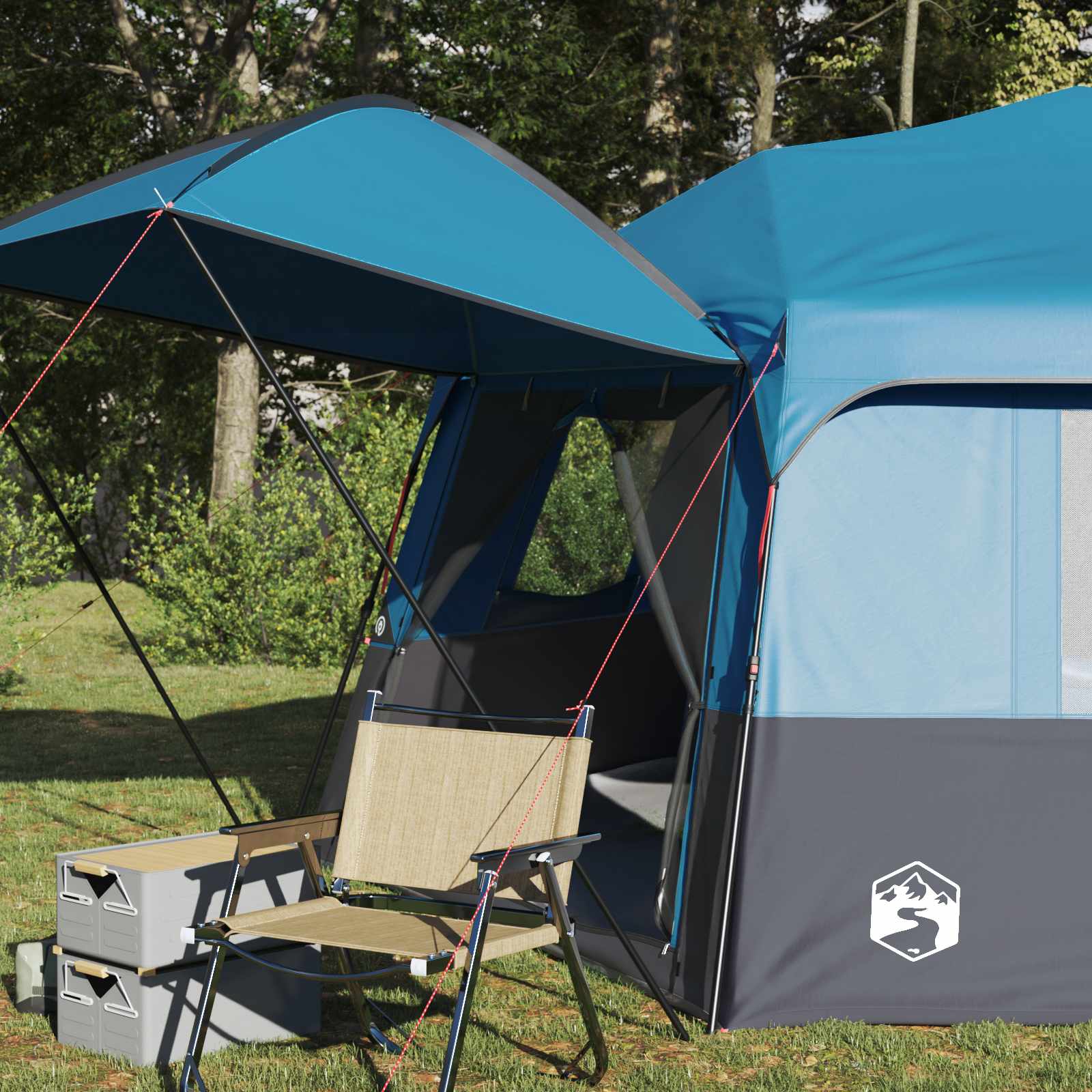 Detail van de vidaXL Instant tent met blauwe regenhuif en opgezette luifel.