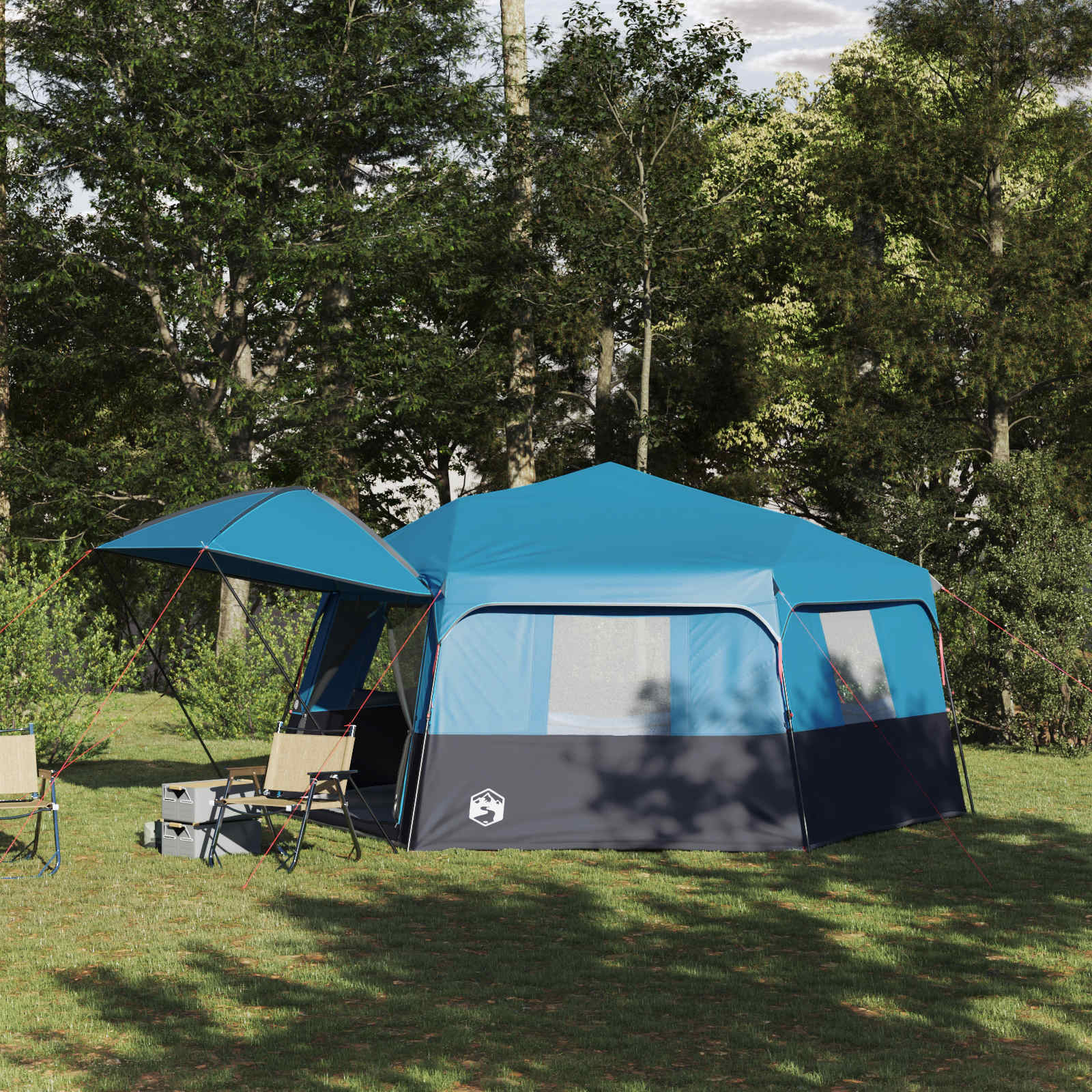 vidaXL Instant tent voor 12 personen in blauw met regenhuif, opgesteld in de natuur.