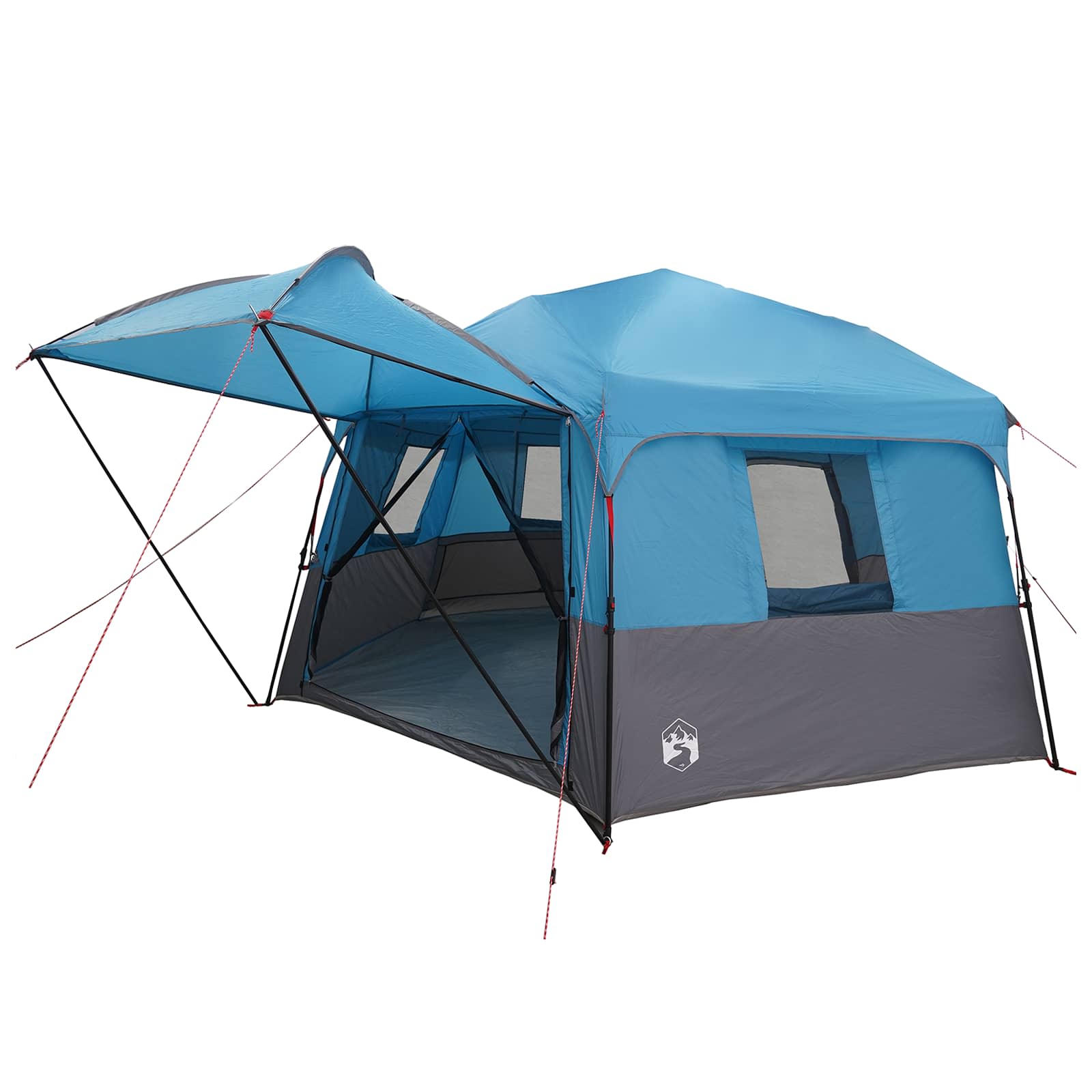 Zijaanzicht van de vidaXL Instant tent met blauwe regenhuif en ruime ingang.