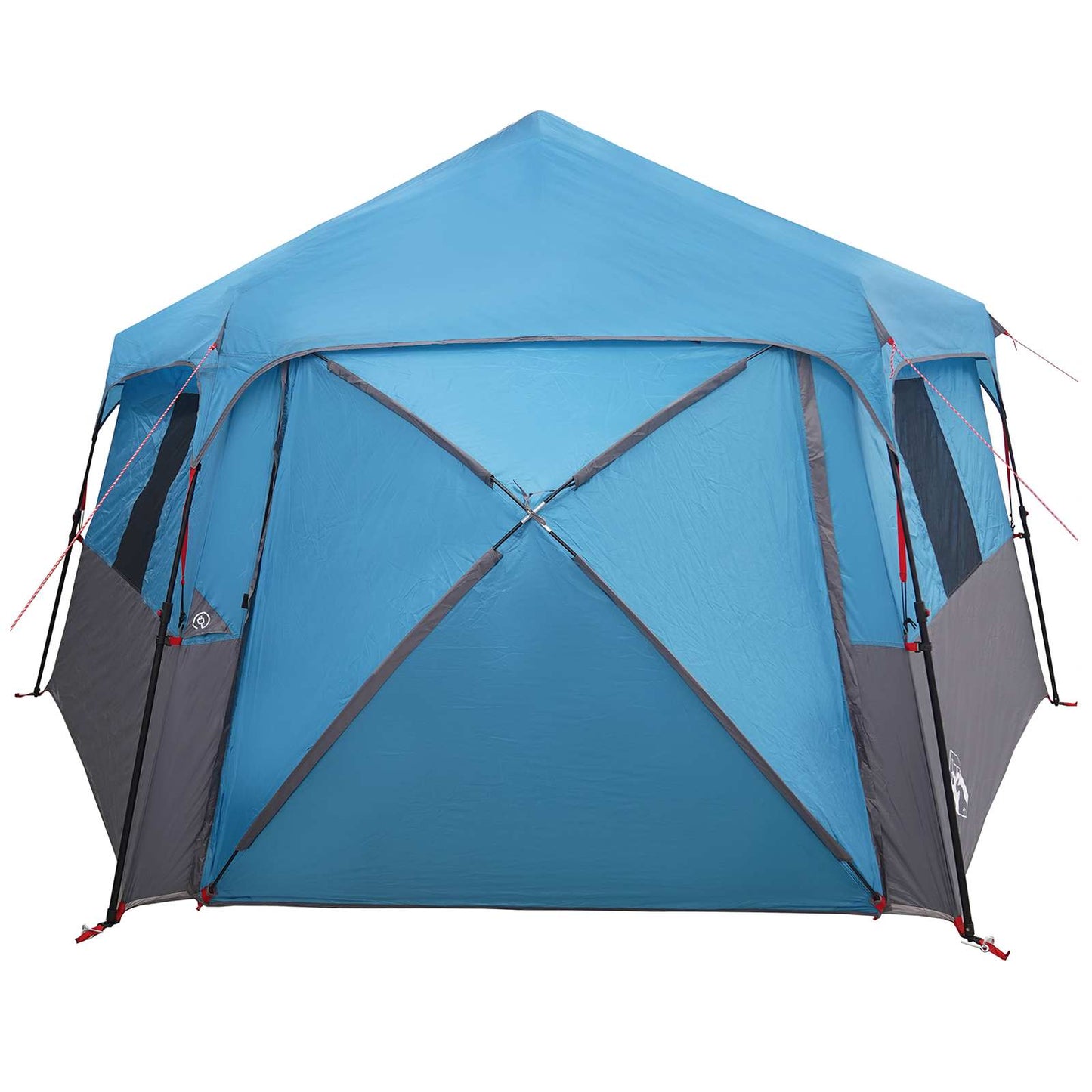 Zijaanzicht van de vidaXL Instant tent met regenhuif in blauw en grijs.