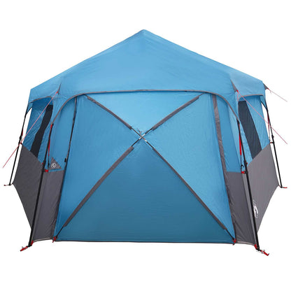 Zijaanzicht van de vidaXL Instant tent met regenhuif in blauw en grijs.