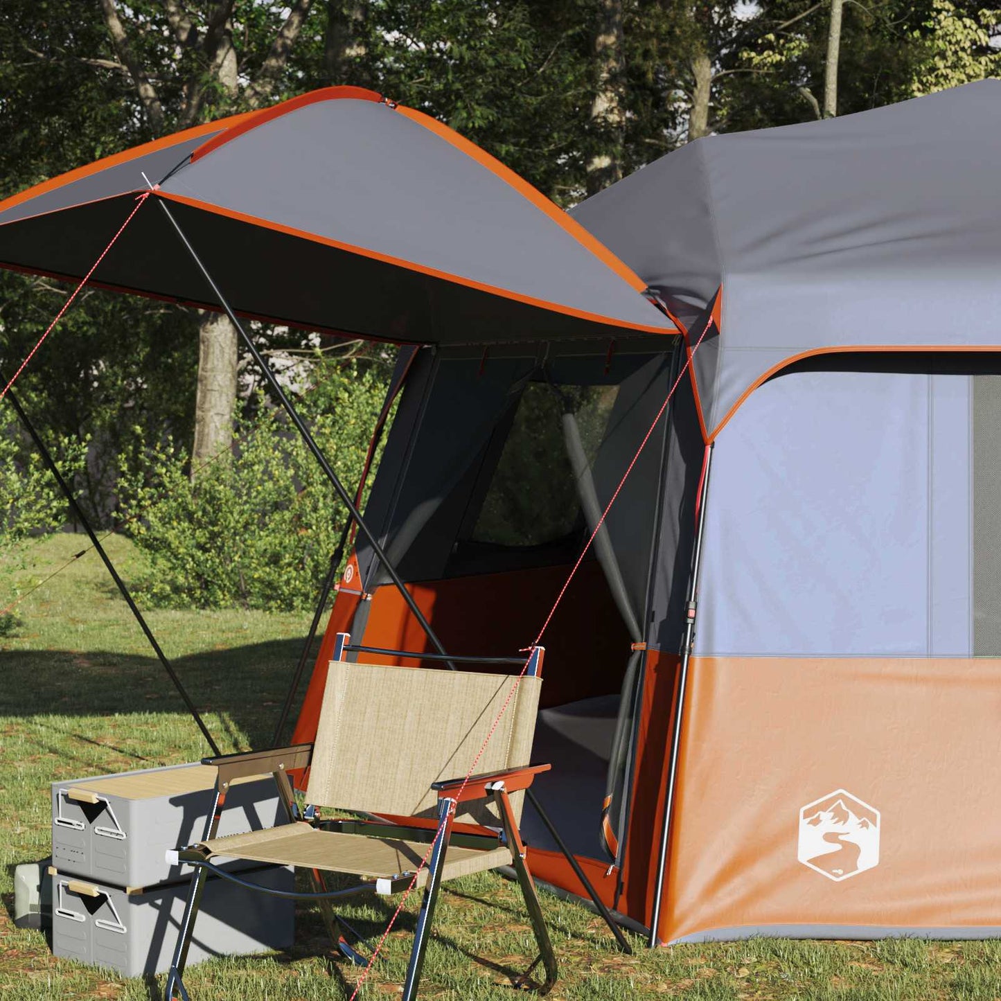 Detail van de vidaXL Instant tent met regenhuif en een opklapbare stoel.