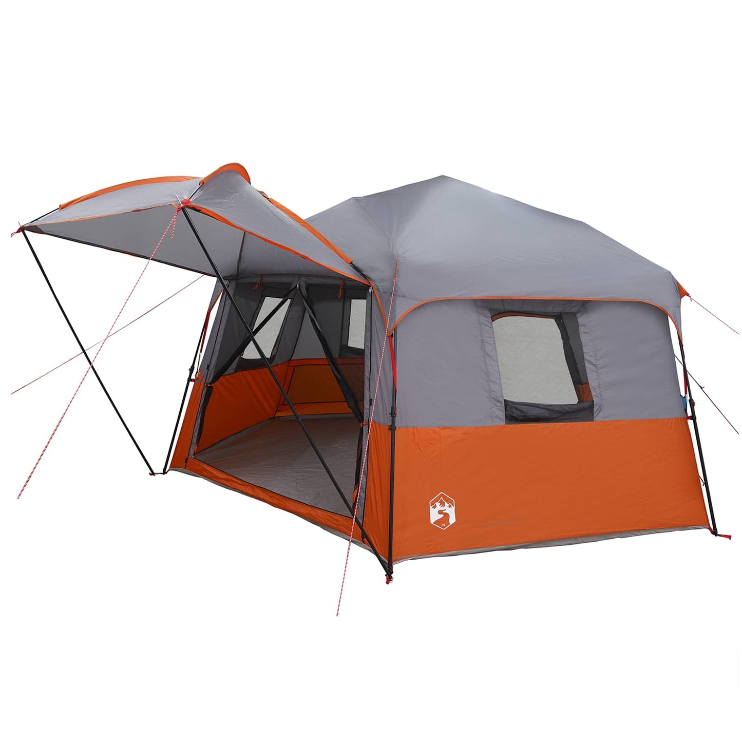 Detail van de vidaXL Instant tent in grijs en oranje met regenhuif en open zijwand.