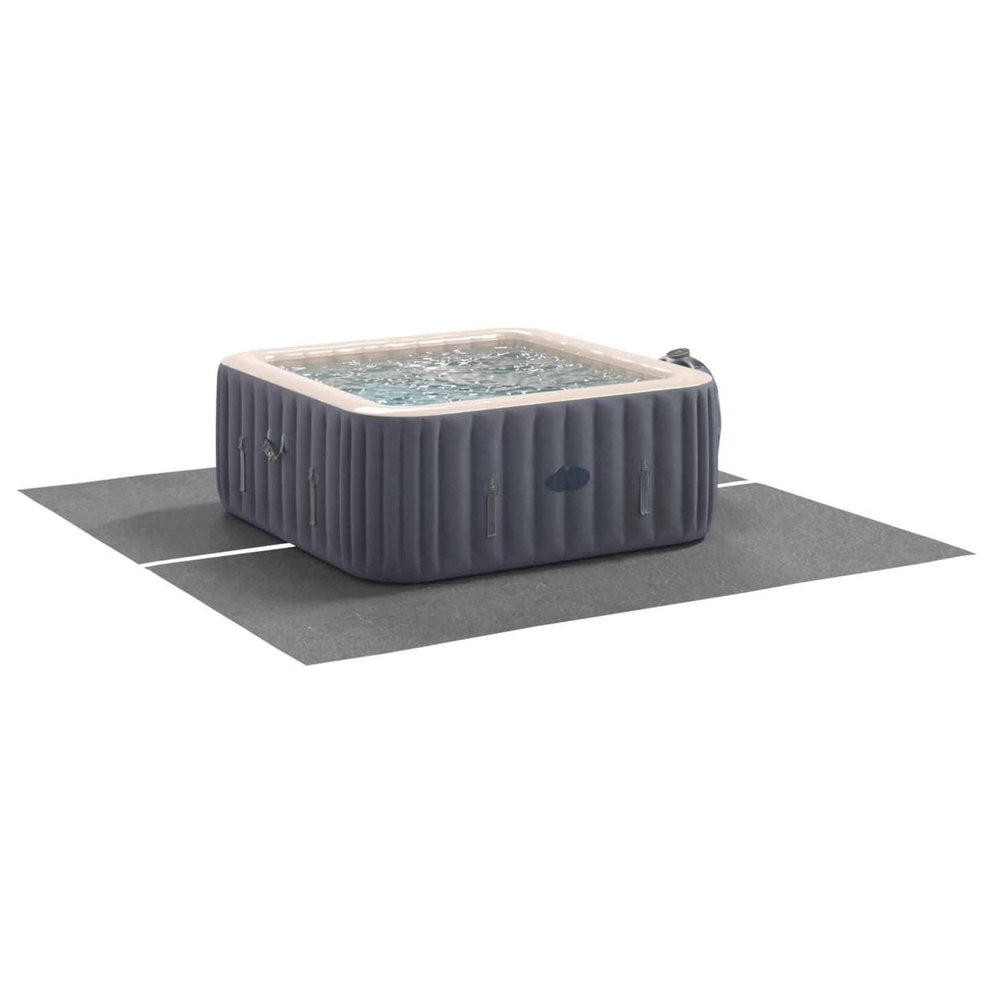 Detail van het vidaXL zwembad grondzeil in lichtgrijs, onder een opblaasbaar jacuzzi.