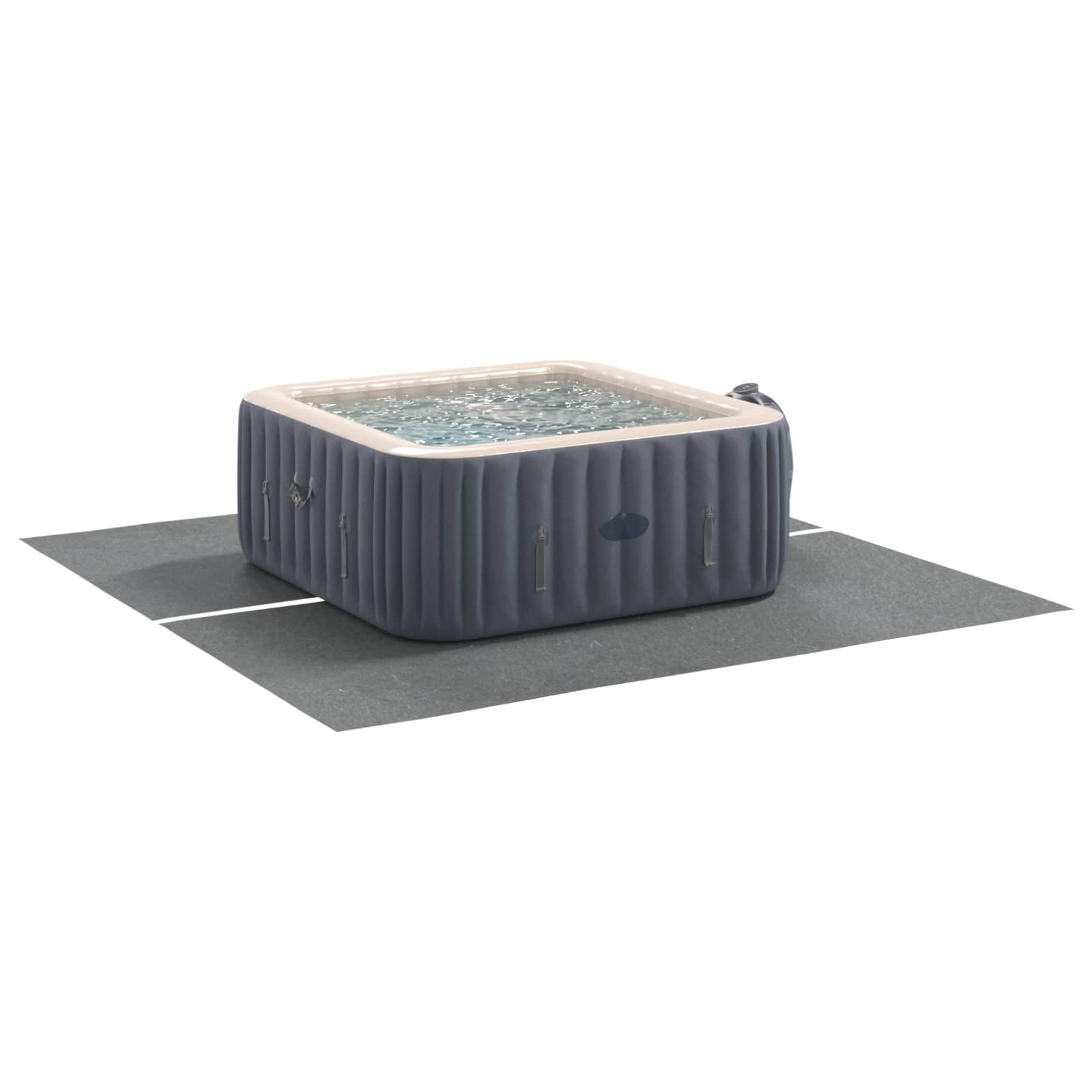 Detail van het vidaXL zwembad grondzeil in lichtgrijs, onder een opblaasbaar jacuzzi.