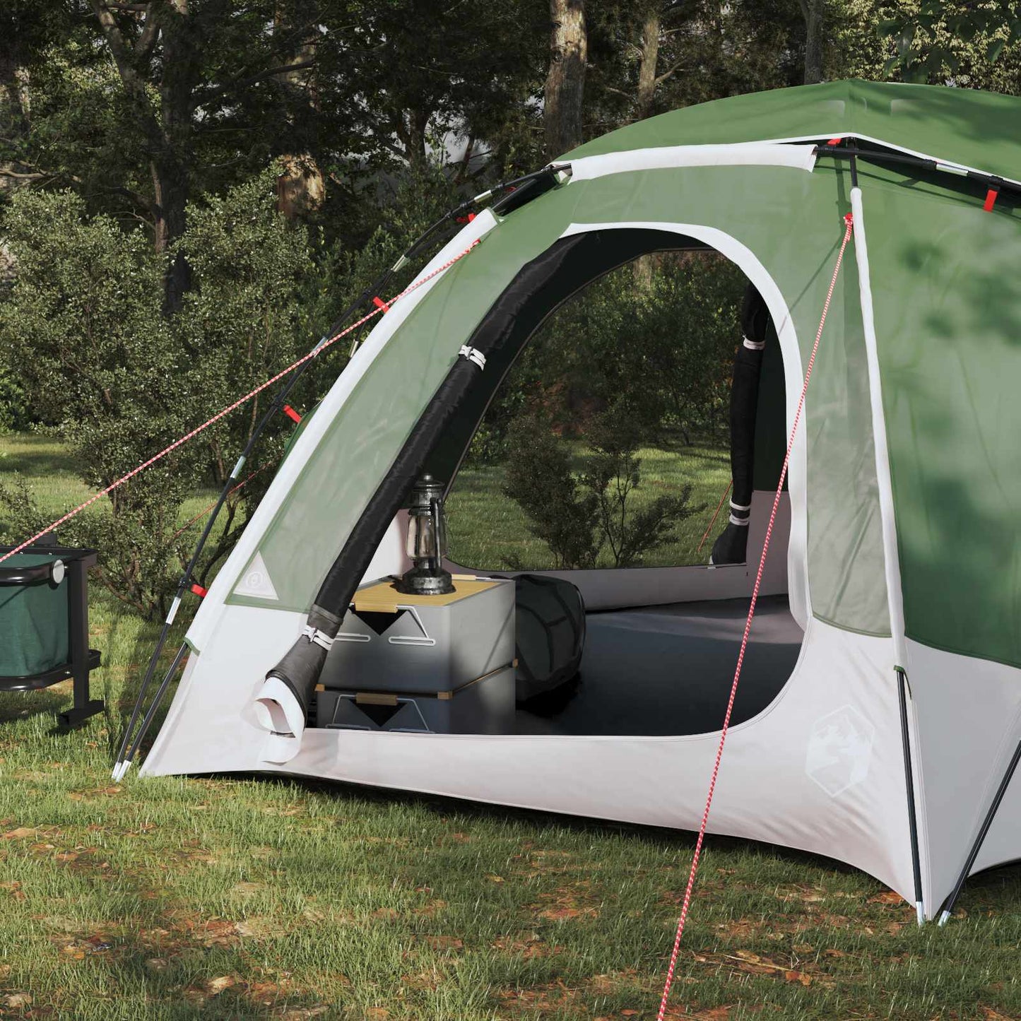 Detail van de ingang van de vidaXL Koepeltent met verwijderbare regenkap in groen.