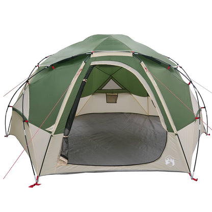 Detail van de vidaXL Koepeltent in groen, zijaanzicht met open ingang en tentdoek.