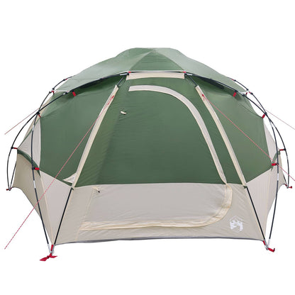 Detail van de vidaXL Koepeltent in groen, zijaanzicht met ingangen en bevestigingslijnen.