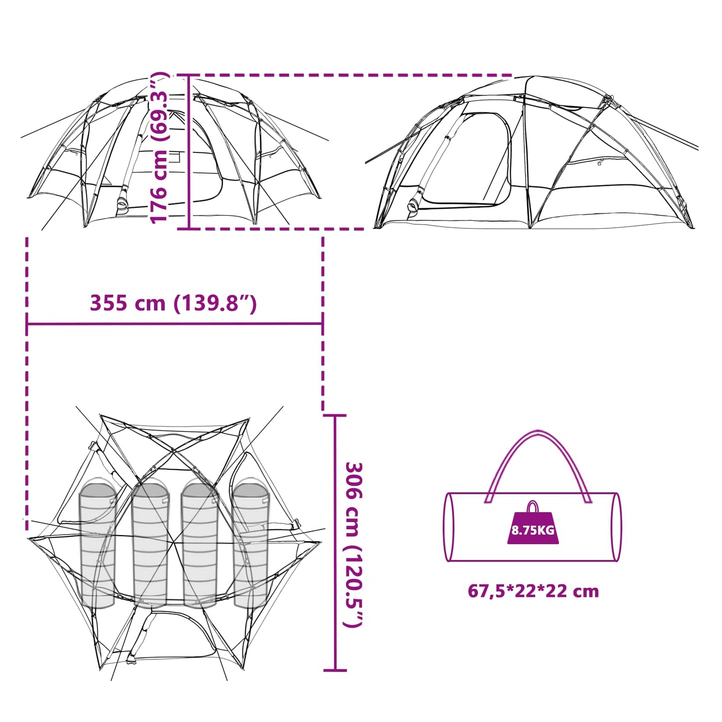 Detailtekening van de vidaXL Koepeltent met afmetingen en draagtas.