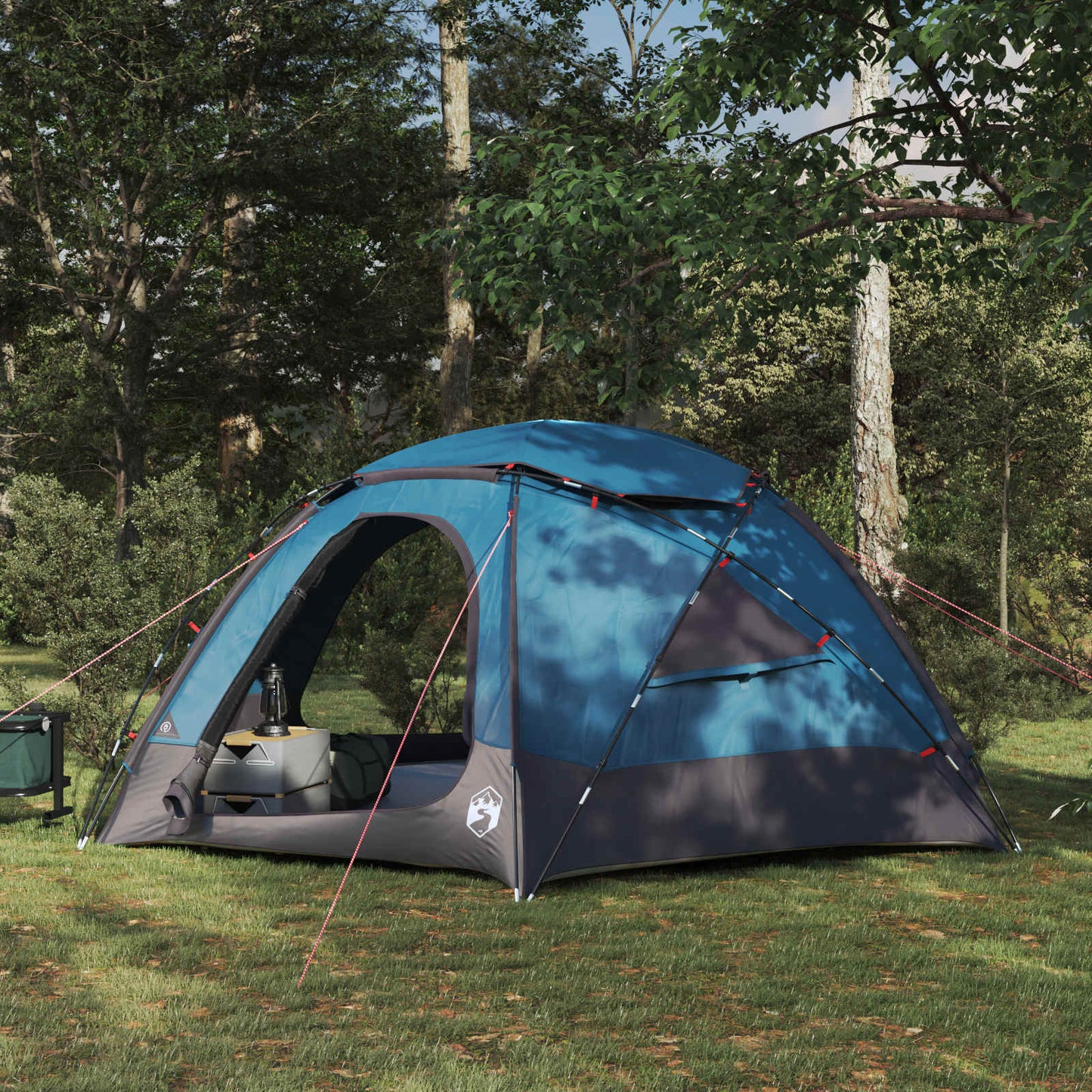 Blauwe vidaXL koepeltent met verwijderbare regenkap in een bosrijke omgeving.