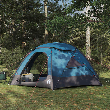 Blauwe vidaXL koepeltent met verwijderbare regenkap in een bosrijke omgeving.