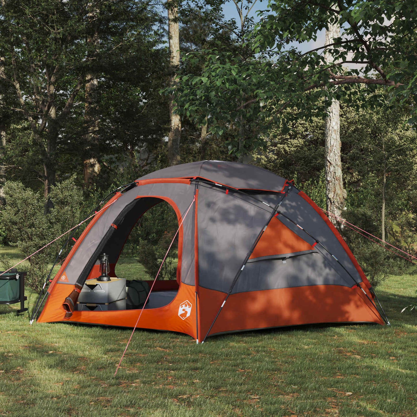 Grijze en oranje vidaXL koepeltent met verwijderbare regenkap in een bosrijke omgeving.