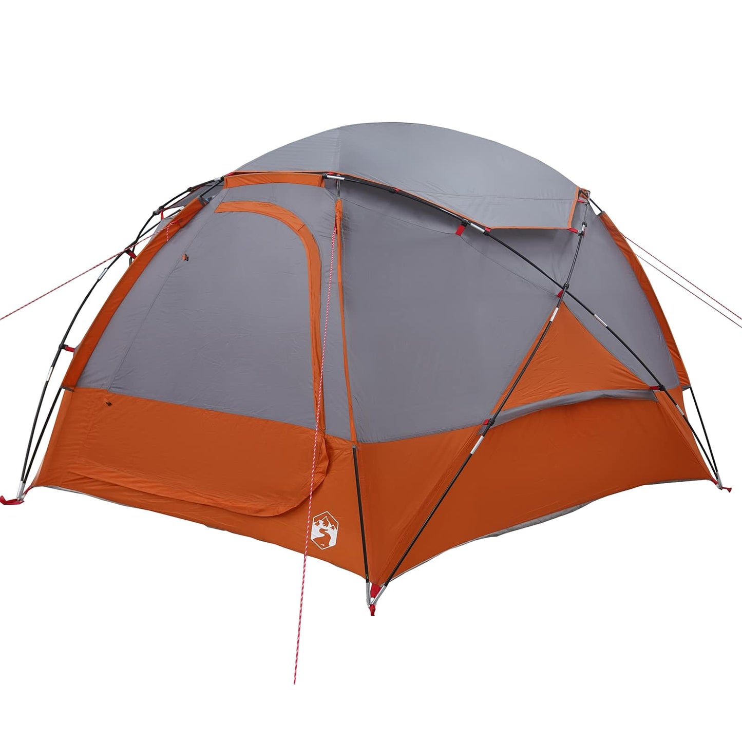 Detail van de vidaXL koepeltent met grijze en oranje kleuren, zijaanzicht met regenkap.