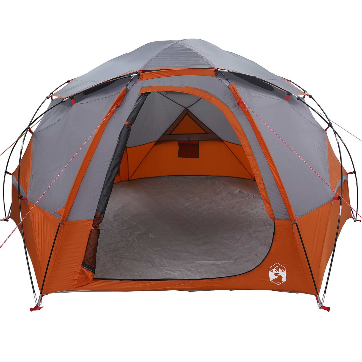 Zijaanzicht van de vidaXL koepeltent met grijze en oranje kleuren, inclusief open ingang.