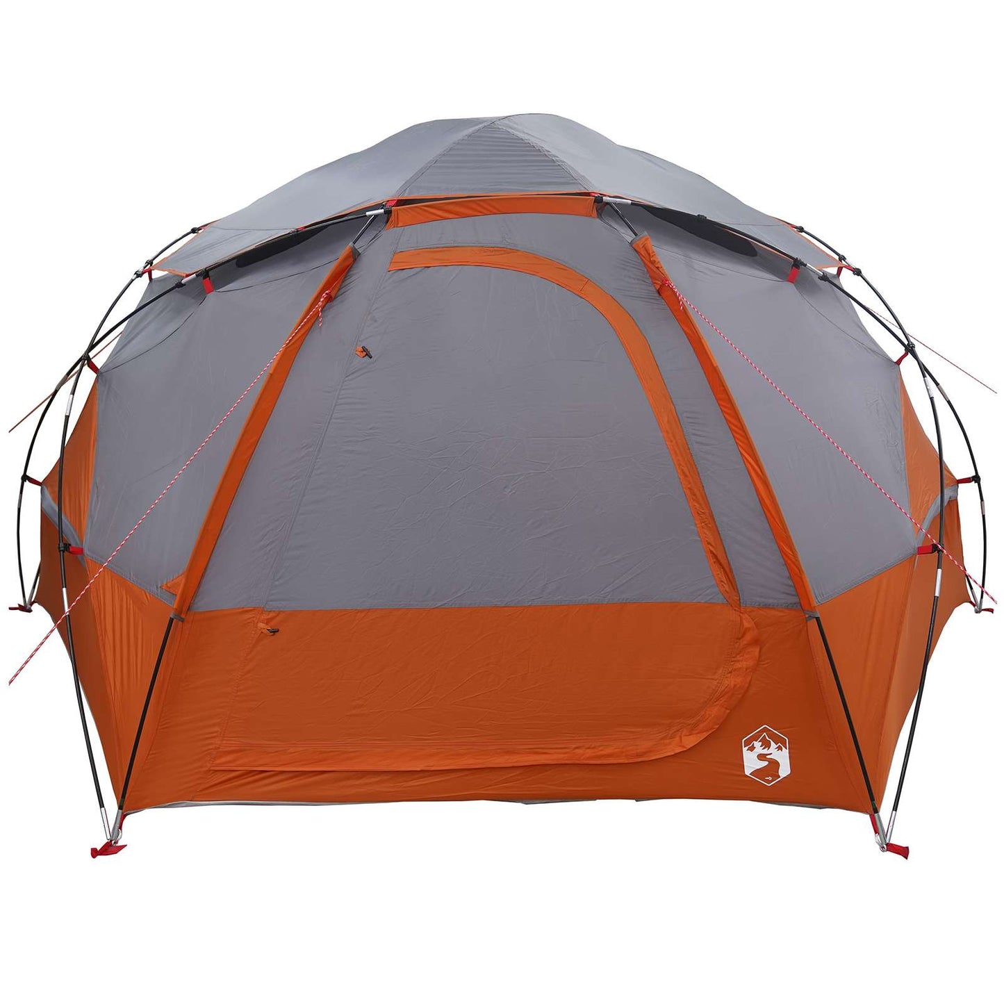 Detail van de vidaXL koepeltent met grijze en oranje kleuren, zijaanzicht met regenkap.