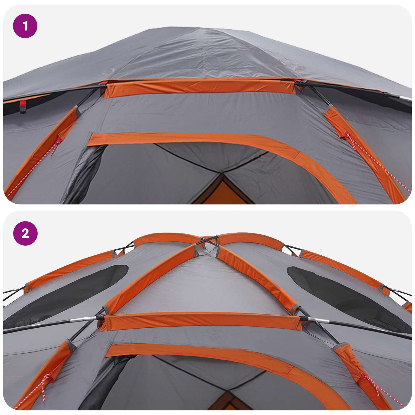 Detail van de grijze koepeltent met oranje accenten en ventilatieroosters.