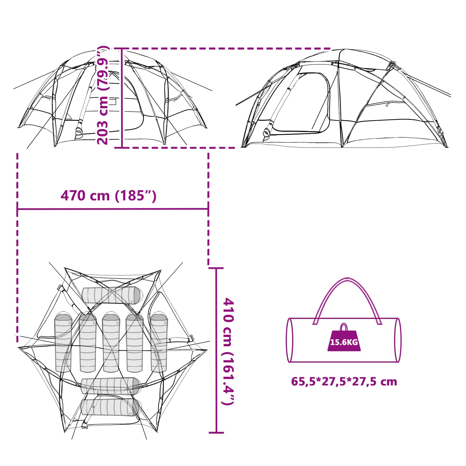 Technische tekening van de vidaXL Koepeltent met afmetingen en ontwerpdetails.