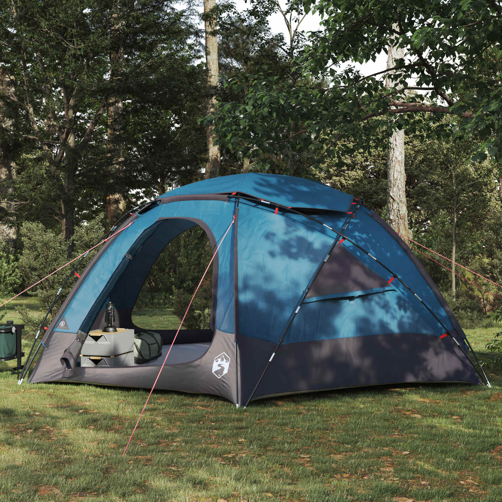 Blauwe vidaXL koepeltent met verwijderbare regenkap, opgesteld in een bosrijke omgeving.