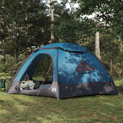 Blauwe vidaXL koepeltent met verwijderbare regenkap, opgesteld in een bosrijke omgeving.