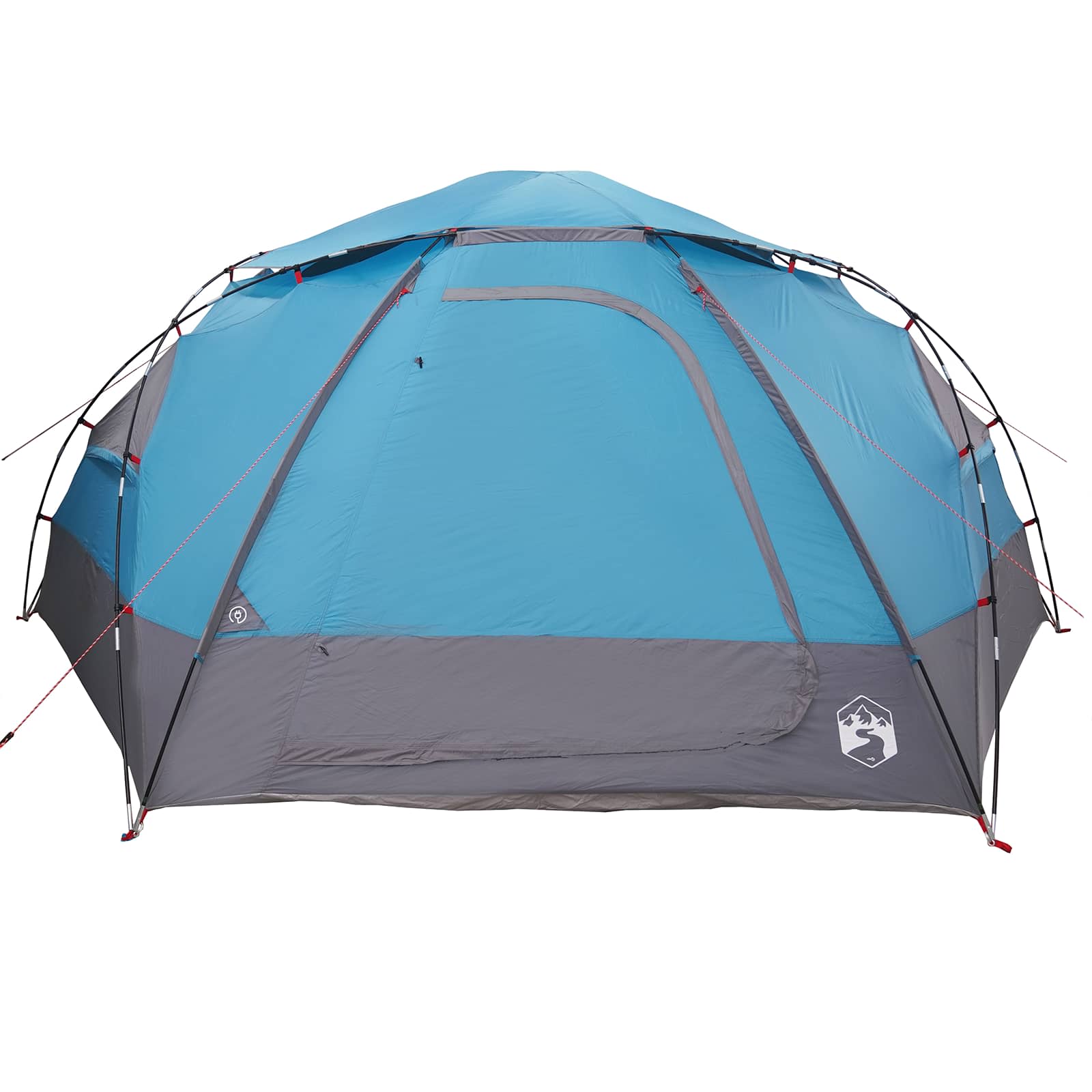 Zijaanzicht van de blauwe vidaXL koepeltent met grijze onderrand en ventilatieopening.
