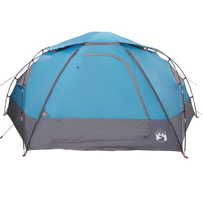 Zijaanzicht van de blauwe vidaXL koepeltent met grijze onderrand en ventilatieopening.