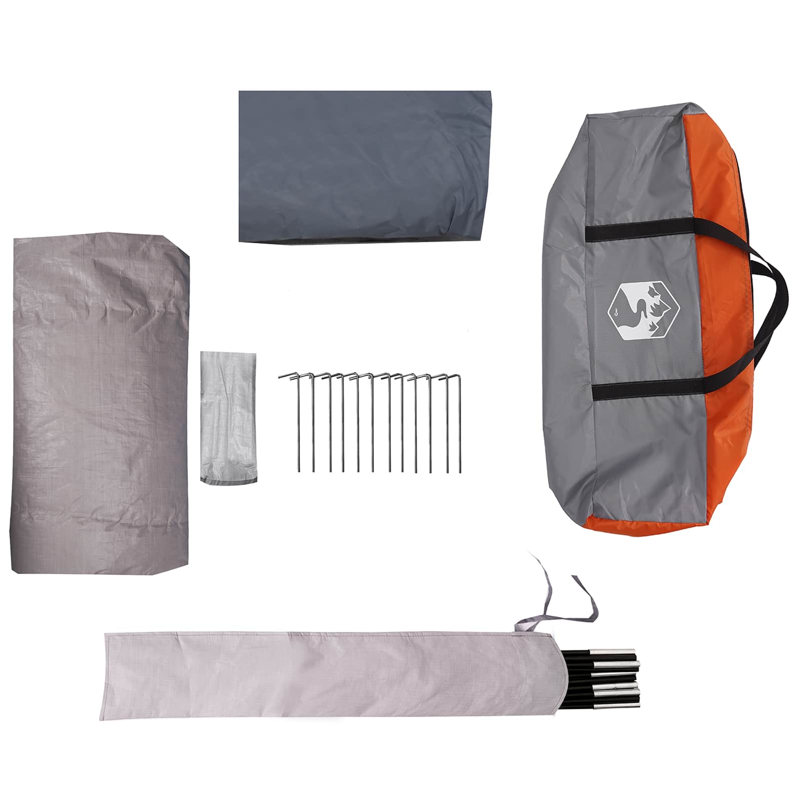 Detail van de vidaXL koepeltent met grijze en oranje onderdelen, inclusief haringen en tentstokken.
