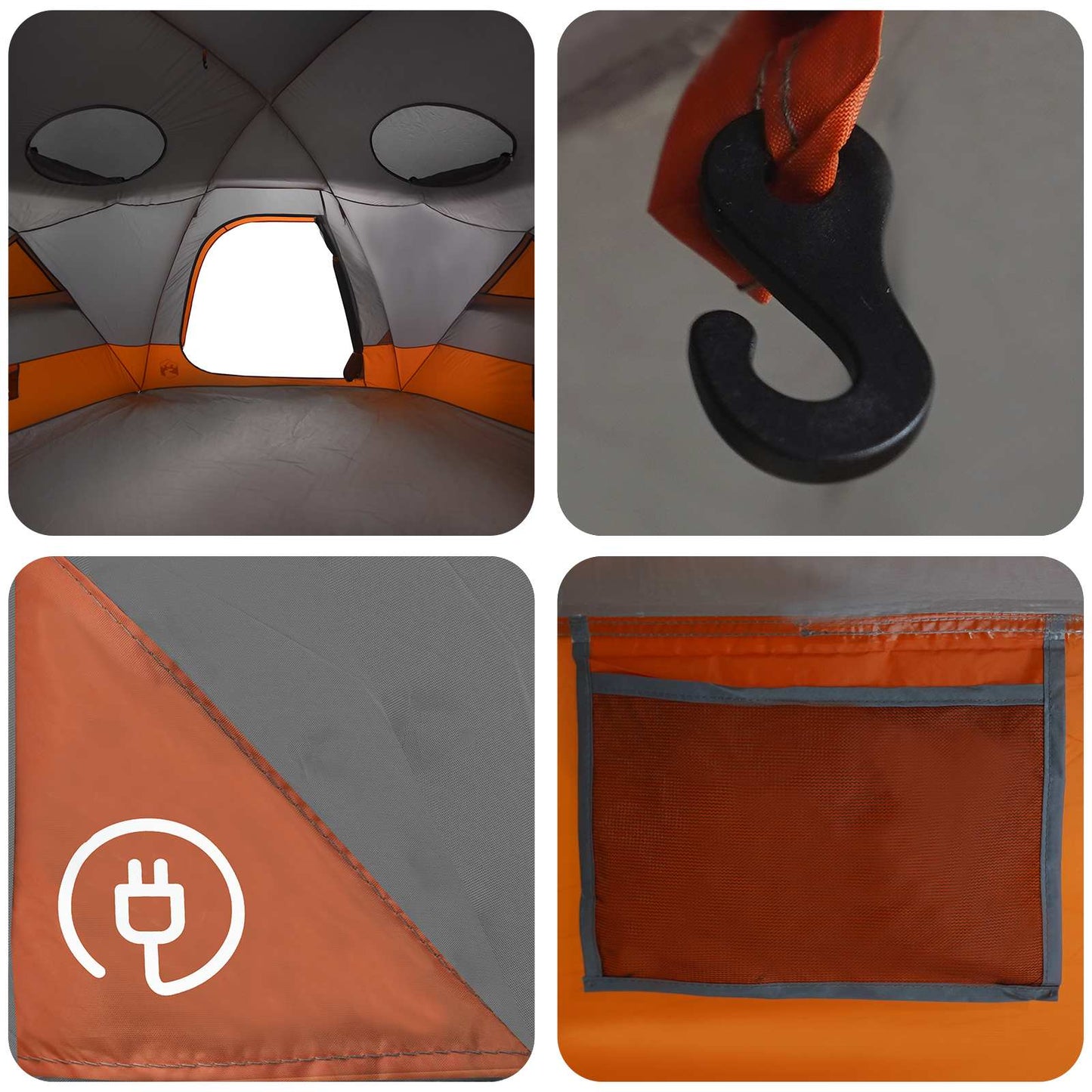 Detail van de binnenkant van de vidaXL koepeltent met oranje accenten en haak voor verlichting.