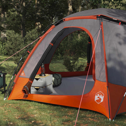 Detail van de vidaXL koepeltent met grijs en oranje kleuren, zijaanzicht van de ingang.