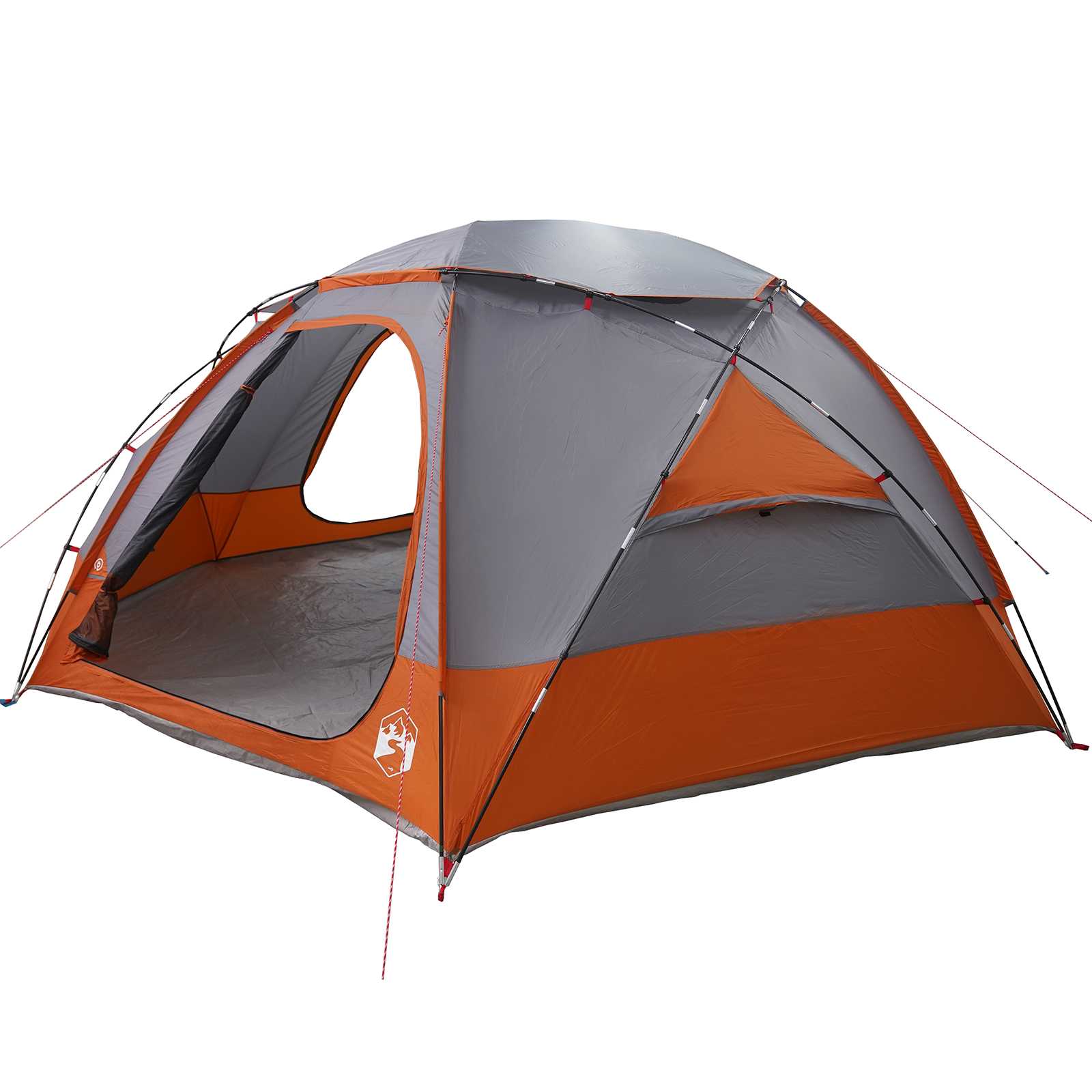 Detail van de vidaXL koepeltent in grijs en oranje, met een open ingang en ventilatiepaneel.