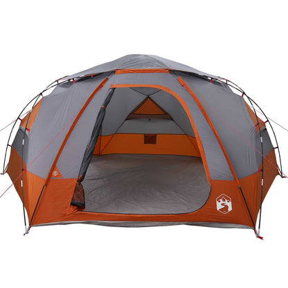 Zijaanzicht van de vidaXL koepeltent met grijze en oranje details en open ingang.