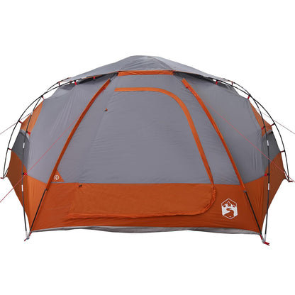 Zijaanzicht van de vidaXL koepeltent in grijs en oranje met open ingang.