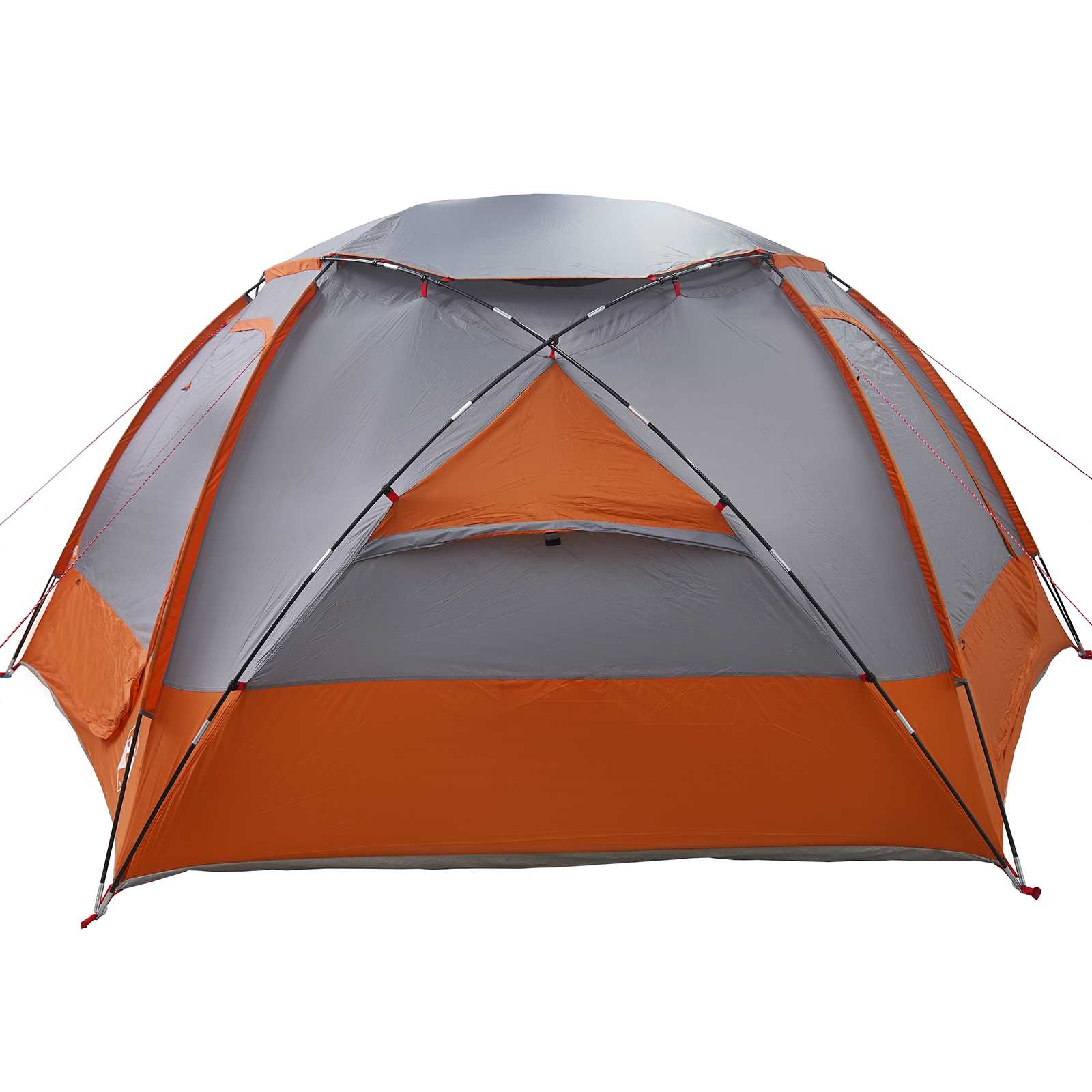 Detail van de vidaXL koepeltent met grijze en oranje kleuren, zijaanzicht met open ingang.