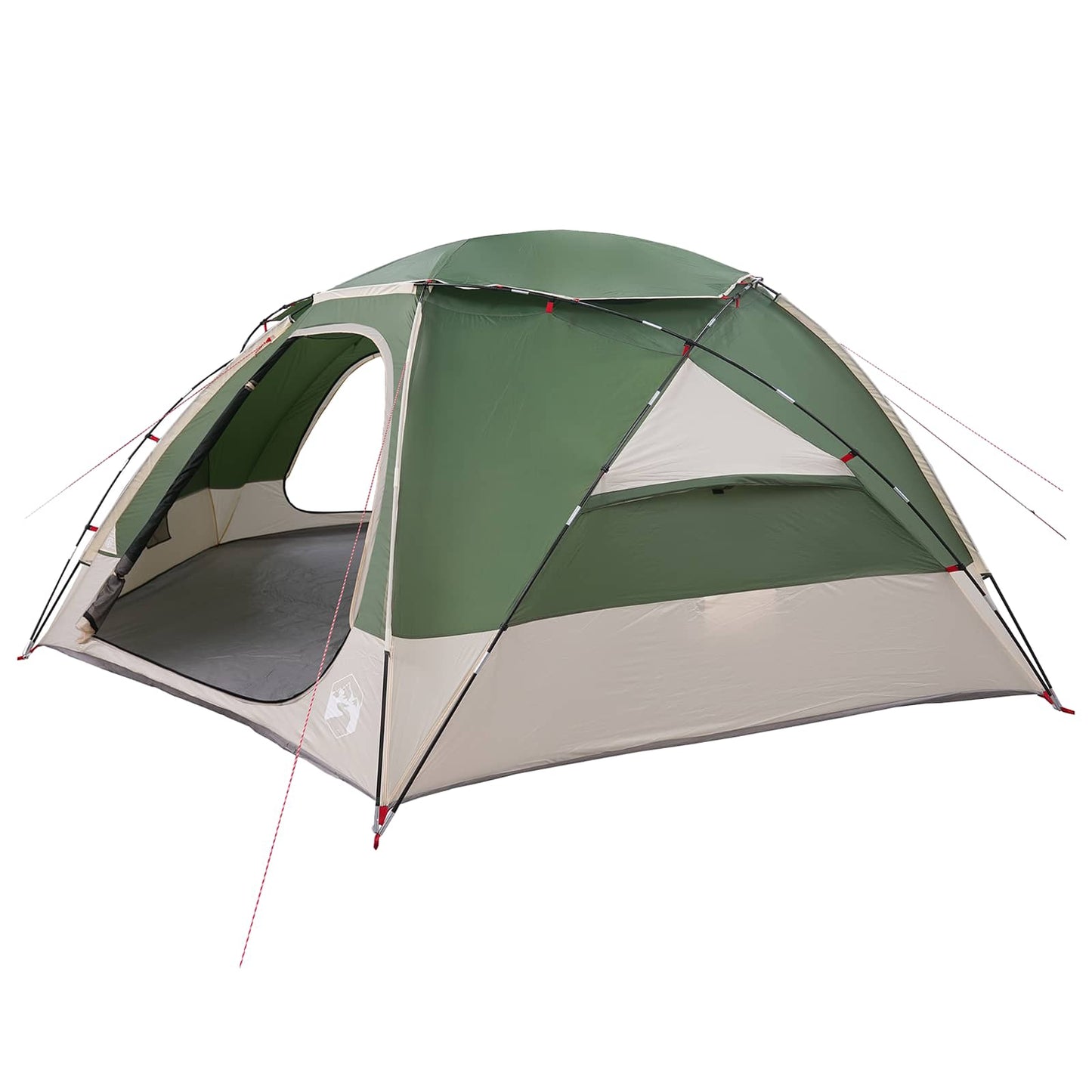 Detail van de vidaXL koepeltent met groene regenkap en ingang aan de zijkant.