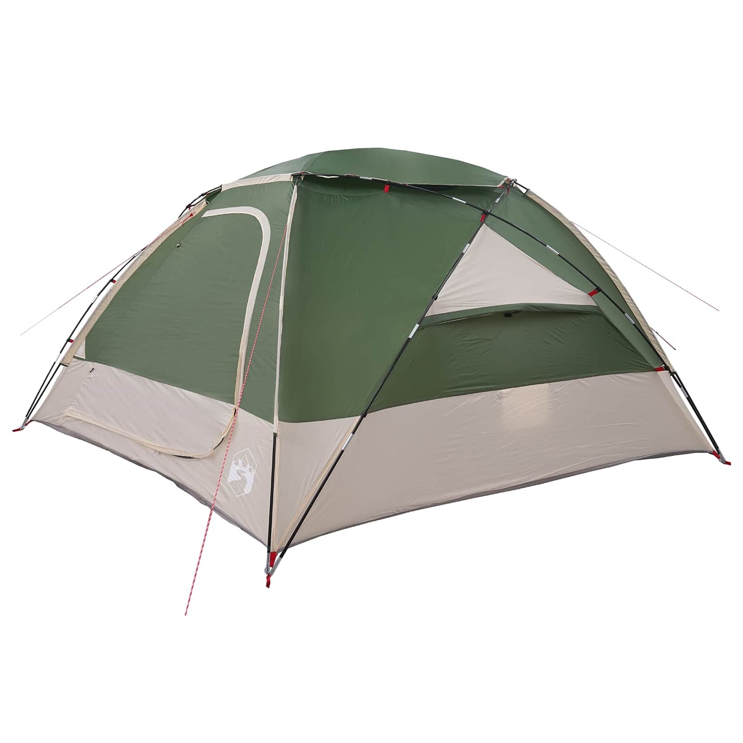 Detail van de vidaXL koepeltent met groene bovenkant en beige onderkant, zijaanzicht.
